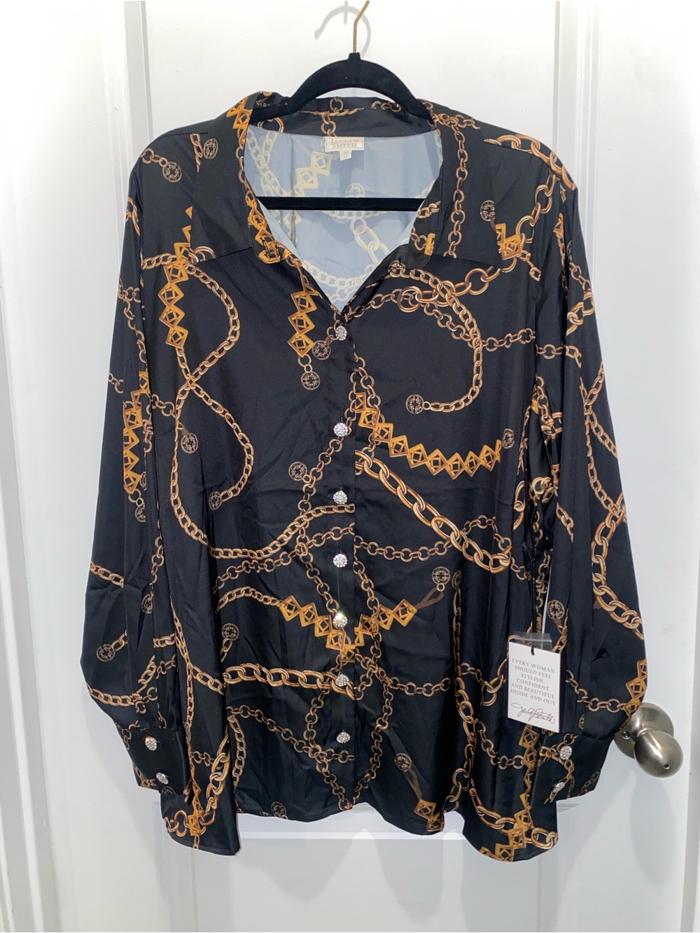Jaclyn Smith Black Blouse with Gold Chain Print